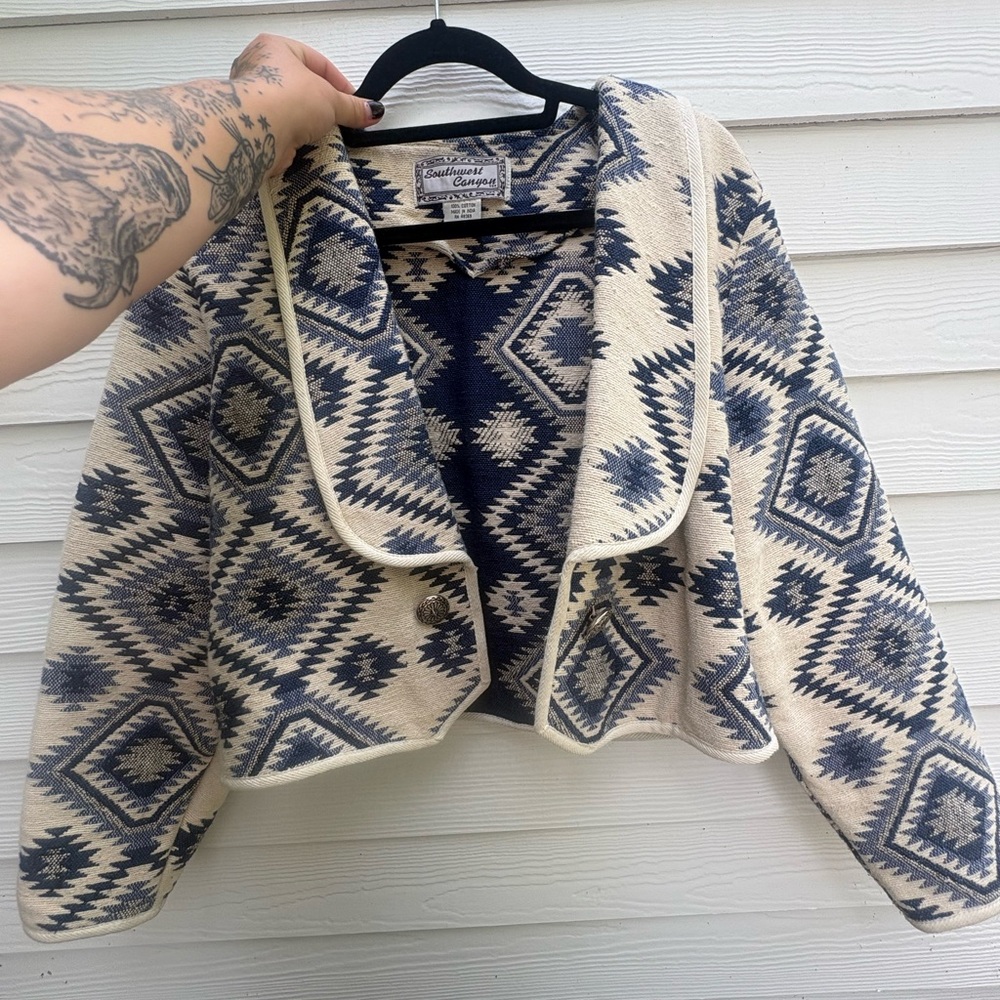 Southwestern Crop Sweater Jacket in Cream and Navy